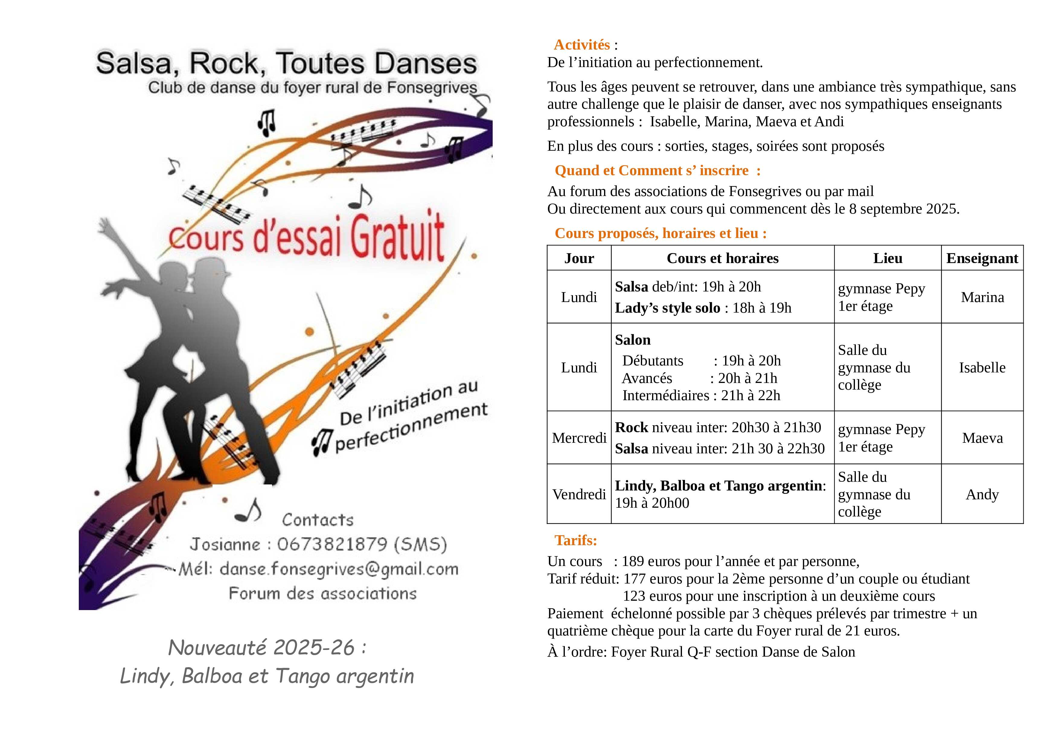 Salsa, Rock, Toutes danses : Cours d'essai GRATUITS 